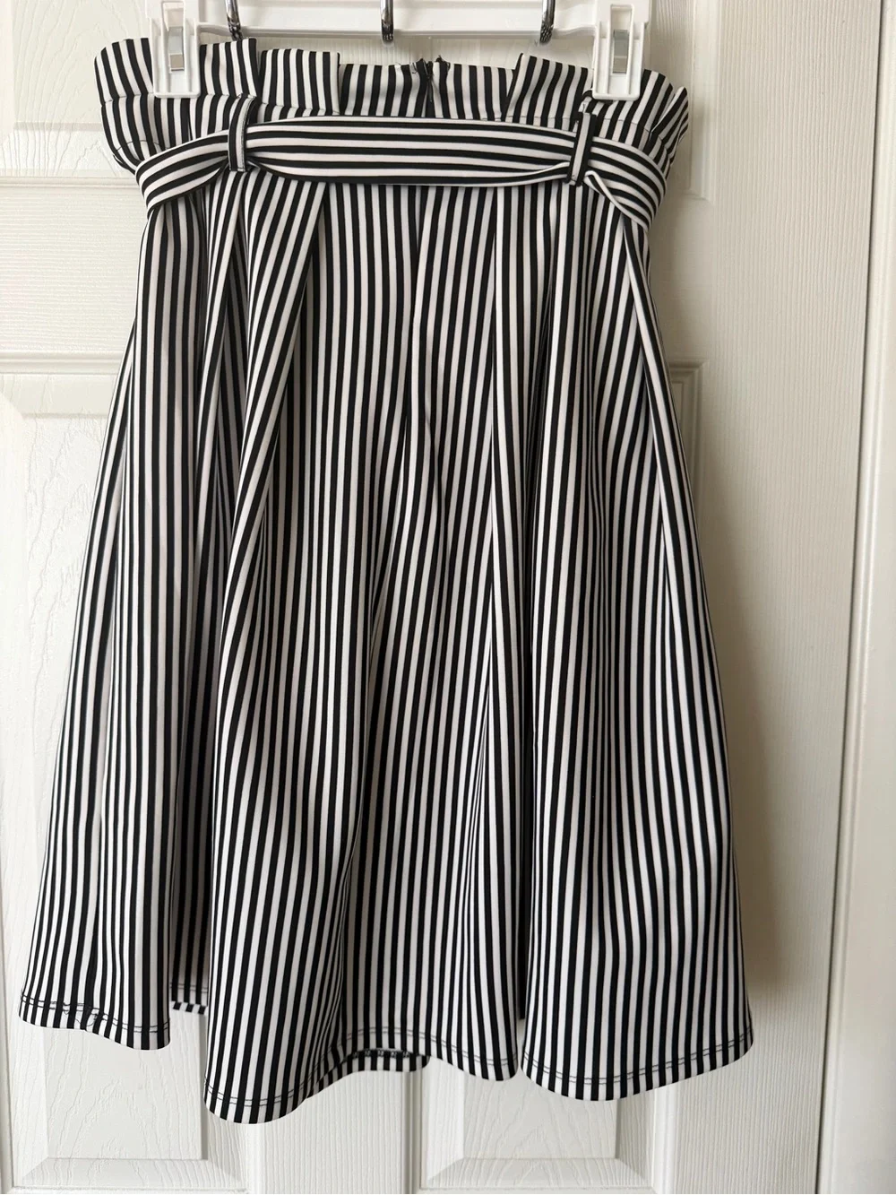 Haute Monde Black and White Striped A-Line Midi Skirt